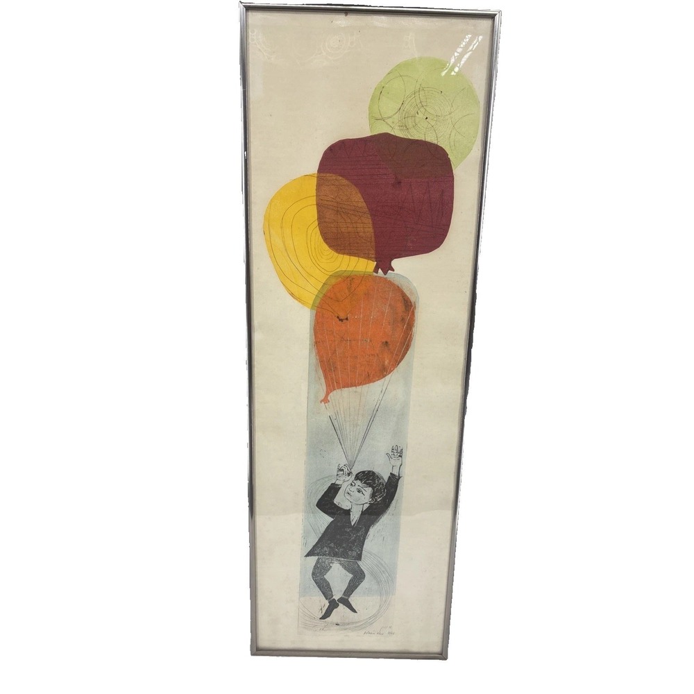 Signed Avignon Framed Colored Lithograph Vintage Boy With The Balloons Art Work
